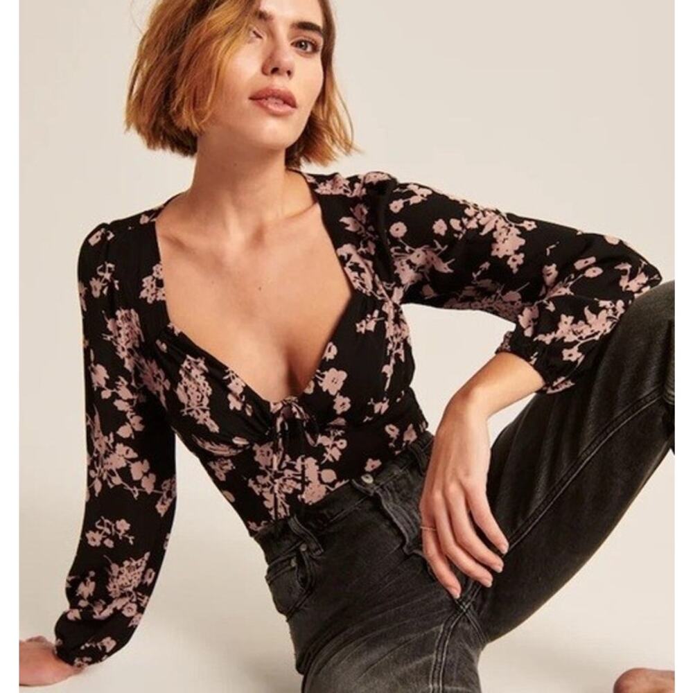 Abercrombie & Fitch Babydoll Floral Blouse Small Black Cottage Y2K Whimsigoth